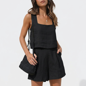 <b>Women's</b> Black Square Collar Tank <b>Top</b> With Shorts Set Casual Solid Color Breathable Woven Two Piece Outfit - Product Image 1