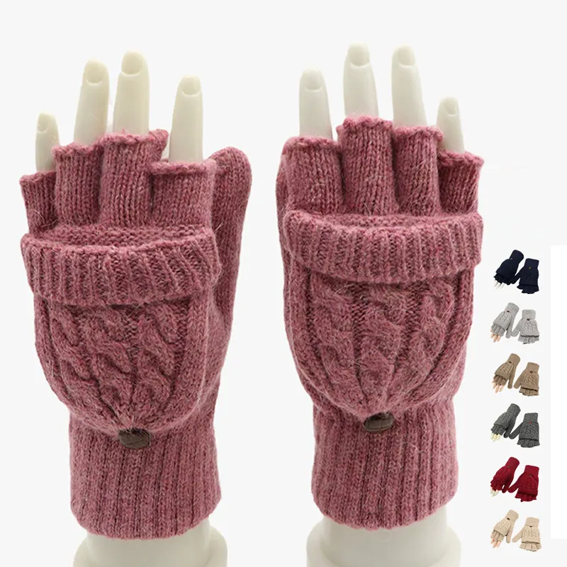 Venta al por mayor de guantes sin dedos de lana merina de invierno de punto de moda cálidos de Jacquard de color sólido personalizados para las mujeres