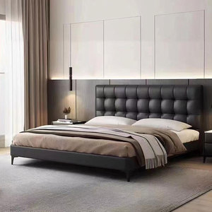 Italian Minimalist Black Waffle Leather <b>Bed</b> Solid Wood Frame Customizable High-end <b>Queen</b>/King <b>Size</b> Bedroom Storage <b>Bed</b> Huafuge E - Product Image 1