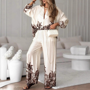 Completo <span class=keywords><strong>Donna</strong></span> all'Ingrosso, Set con Maniche Lunghe e <span class=keywords><strong>Pantaloni</strong></span>, Stampa Vintage, Camicia Casual con Colletto, <span class=keywords><strong>Pantaloni</strong></span> a <span class=keywords><strong>Gamba</strong></span> <span class=keywords><strong>Larga</strong></span>, Elegante Completo Estivo da <span class=keywords><strong>Donna</strong></span> - Product Image 5
