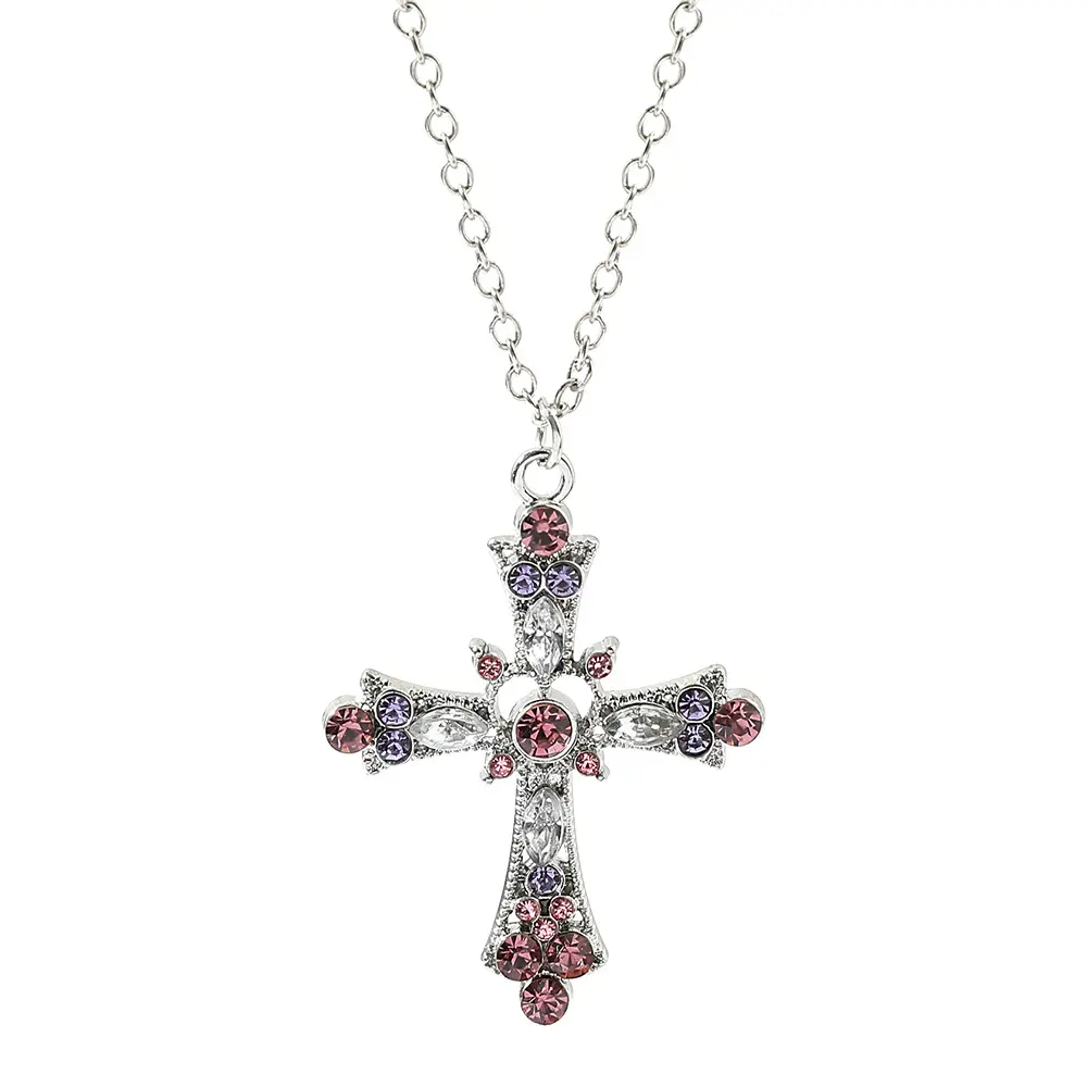 New Gothic Pink Cross Necklace Punk Pendant Y2K Heart Cross Chain Necklace for Women