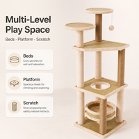 En gros Arbre à chat moderne en bois à cinq niveaux avec poteaux en corde de sisal naturelle, plateformes de observation, grand condo pour chat et ouverture de fenêtre panoramique