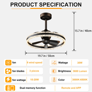 Ventilateur de plafond décoratif d'intérieur 19,7'' avec lumière LED, télécommande via application, 6 vitesses, moteur silencieux en cuivre pur, réversible, pour chambre à coucher, en plastique - Product Image 6