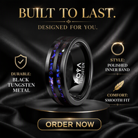 Bague classique en carbure de tungstène brossé noir 8 mm avec double rainure et incrustation de fragments d'opale bleue et violette, alliance unisexe pour mariage et fiançailles
