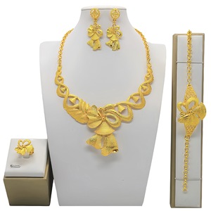 Women's 22k Gold Plated Jewelry Set Necklace Earrings Ring <b>Bracelet</b> Wedding Luxury <b>Flower</b> Design - Product Image 5