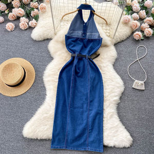 Cou suspendu simple boutonnage Sexy dos <span class=keywords><strong>ouvert</strong></span> robe femmes à lacets taille spectacle mince enveloppement hanche a-ligne robe en jean - Product Image 3