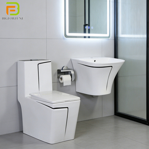 Style moderne facile à nettoyer design de la ligne noire blanche évier mural toilette en céramique ensemble de toilette salle de bain - Product Image 1