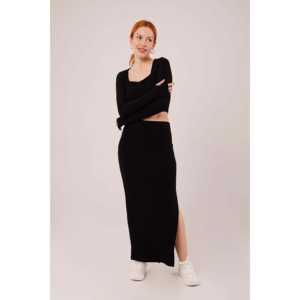 Wholesale Two-Piece Black Set Casual Square Neck Blouse and Slit Detail <b>Skirt</b> <b>for</b> <b>Summer</b> XL Size Solid Pattern Top - Product Image 4