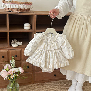 Tutina Estiva INS 2026 per Neonati 0-2 Anni, Abbigliamento Bambina con Stampa Floreale, Colletto in Pizzo, Maniche Lunghe e Bottoni - Product Image 1