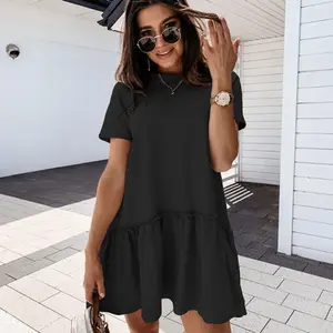 Женское свободное мини-платье с коротким рукавом, повседневное пляжное платье с круглым вырезом и широким подолом, с оборками, белое, черное, лето 10%