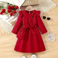 Robe amincissante trapèze de style français nouvelle collection pour filles, rouge automne, à manches longues, avec nœud et dentelle, accompagnée d'un sac bandoulière en polyester