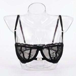 Reggiseno Balconette Nero Trasparente in Pizzo Floreale con Anello a V Dorato sul Davanti, Spalline Sottili Regolabili, Senza Ferretto, Vendita all'Ingrosso - Product Image 1