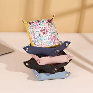 Organisateur de bureau pliable en cuir PU, boîte de rangement carrée pour cosmétiques avec imprimé floral, couleur rose, pour maquillage et clés - Product Image 2