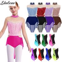 Justaucorps de danse lyrique personnalisé pour filles, col montant, strass, jupe en maille, taille 6-16