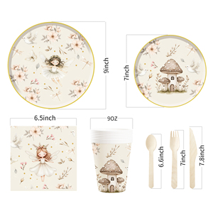 DAMAI - Vajilla Desechable de Papel con Diseño Floral de Hadas y Hongos para Fiestas de Cumpleaños Infantiles, Servilletas, Vasos y Platos Redondos - Product Image 6