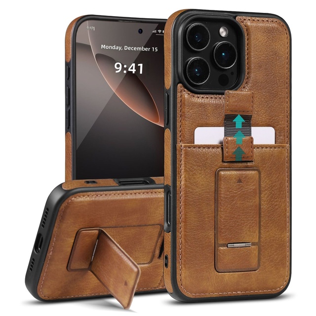 PU Leather Wallet Case Back Card Slot Clasp Kickstand Mobile Phone Protective Cover for iPhone 16 17 Pro Max Plus