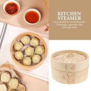 Dim Sum Steamer Breakfast Cesta de bambú de 2 niveles <span class=keywords><strong>Cerca</strong></span> de 3 capas Food Net Mat Vaporizadores naturales hechos a mano 5 pulgadas redondos - Product Image 2