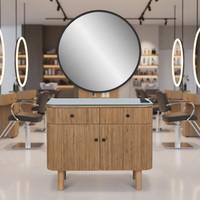 Station de coiffure en bois avec miroir mural rond et éclairage LED pour salon de coiffure