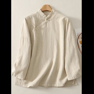 Women's Ramie Linen Shirt Stand Collar Frog Button Chinese Style Tea Dress Top Beige White Autumn Casual Wear - Product Image 2