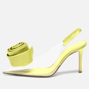 Sandales à talons hauts pour femme, grande taille 45, à bride arrière, en soie, style slingback, à bout pointu en PVC, avec motif floral en soie - Product Image 3