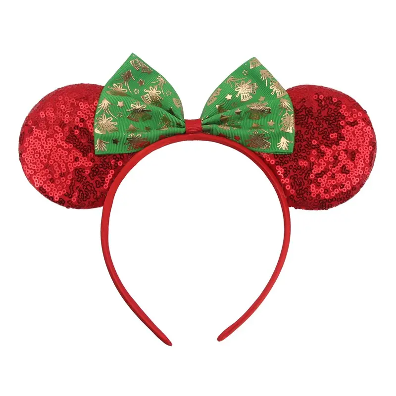 Kerst Mickey Hoofdbanden Minnie Sneeuwvlok Rood Groen Pailletten Boog Haar Hoepel Mouse Oor Hoofdband Kerst