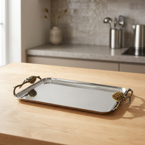 Polished Metal Serving Tray With <b>Pinecone</b> Handles Solid Finish Residential Use - Product Image 3