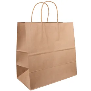 Brown Kraft Paper Bag with Flat Twisted Handle Fast Food Take-Away and Packaging Offset Printing Craft Bags for Shopping
