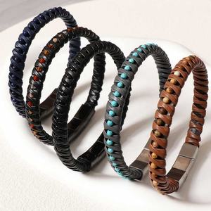 Pulsera Unisex de Moda, Hecha a Mano, con Cuentas de Ojo de Tigre y Cuerda Trenzada Multicapa, de Cuero, Personalizada, por JUSTOP, Hecho en China, MOQ 30 - Product Image 2