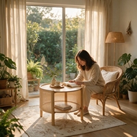 Table basse en bambou naturel sain avec nattes en rotin, table d'appoint ronde stable, table d'appoint durable à 2 niveaux avec rangement