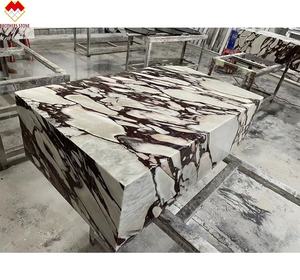 طاولة قهوة فاخرة من رخام كالاكاتا فيولا، قاعدة رخامية بيضاء مع زهور بنفسجية، طاولات مكعبة من الرخام - Product Image 4