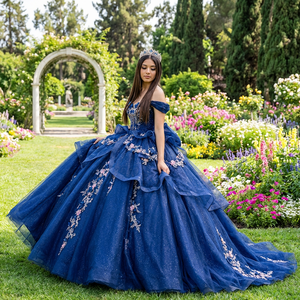 Vestido de Quinceañera Azul Marino y Dorado Dy1345 con Cuentas, Vestido de Fiesta de Cumpleaños, 100% Algodón Chifón, con Sujetador Incorporado, Maxi Vestido de Fiesta - Product Image 1
