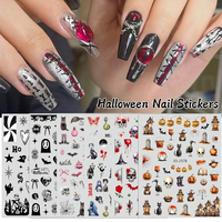 Stiker Kuku Halloween TSZS Perekat Sendiri Motif Kartun Tengkorak Labu Jaring Laba-laba Hati Gothic Dekorasi Manikur DIY