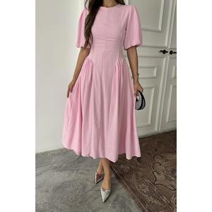 Vestido de Lino Rosa con Corte en A, Cuello Redondo, Cintura Natural, Transpirable, Informal, para Uso Diario, Tejido de Lino - Product Image 2