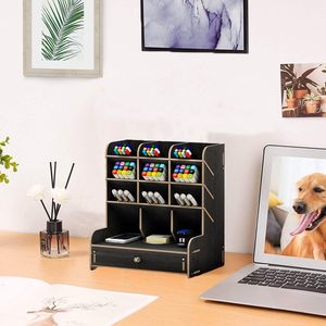 Desktop stazionario in legno nero Organizer da scrivania multifunzione da te porta penne facile montaggio con cassetto per l'home Office - Product Image 2
