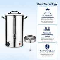 Urne à café électrique en acier inoxydable 304, contrôle mécanique de la température, 30 tasses, argent
