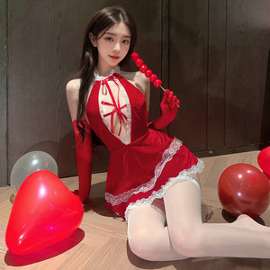 Lingerie Romantica <span class=keywords><strong>in</strong></span> Pizzo Rosso Scuro per Natale, Abito Sexy con Scollo a V che Esprime Sensualità Senza Esposizione - Product Image 5