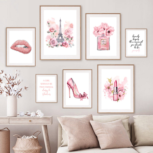 Affiche d'art moderne nordique sur le thème de la mode parisienne, avec Tour Eiffel rose, flacon de parfum et fleurs, pour décoration murale de salon - Product Image 2