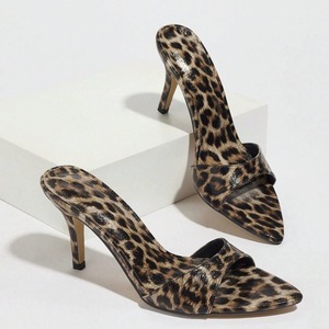 Sandalias de Tacón Alto con Estampado de Leopardo y Punta en Pico para Mujer, con Correa en el Tobillo, Elegantes y a la Moda, Color Marrón - Product Image 1