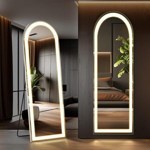 <span class=keywords><strong>Miroir</strong></span> arqué moderne en aluminium pleine longueur avec éclairage LED 63"L x 20"W, sur pied/mural, 3 couleurs <span class=keywords><strong>de</strong></span> lumière, pour chambre à coucher et dressing - Product Image 1