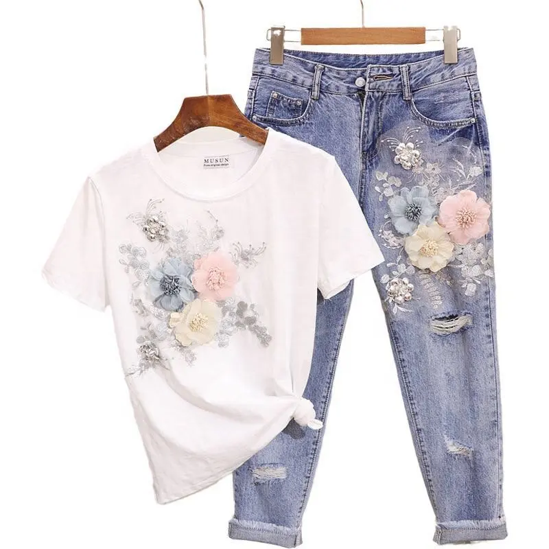 Mwbride — ensemble deux pièces T-shirt et pantalon, haut en tricot sans manches, denim, fleurs appliquées, ensemble de vêtements pour femmes