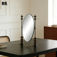 DX DESIGNS Oval Tabletop Mirror with Solid Dark Wood Geometric Stands Luxury Mid-Century Modern Decorative Vanity Mirror