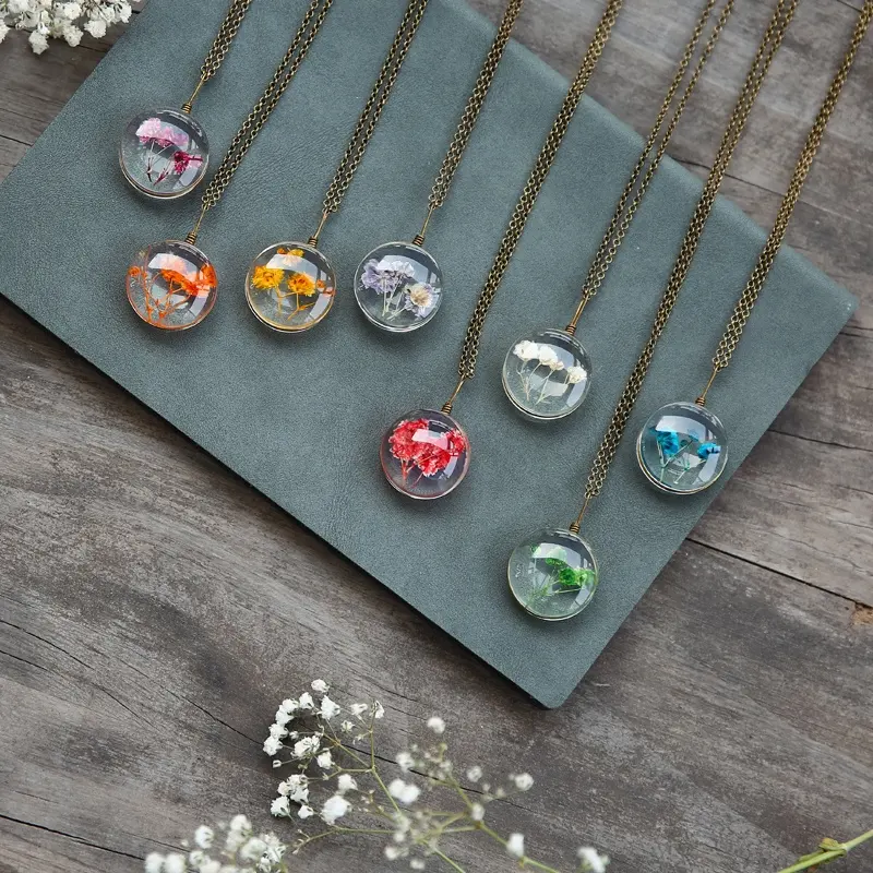 Ronde 25mm femmes préservées fleur fraîche souffle de bébé collier en verre fleurs séchées pendentif collier vintage collier