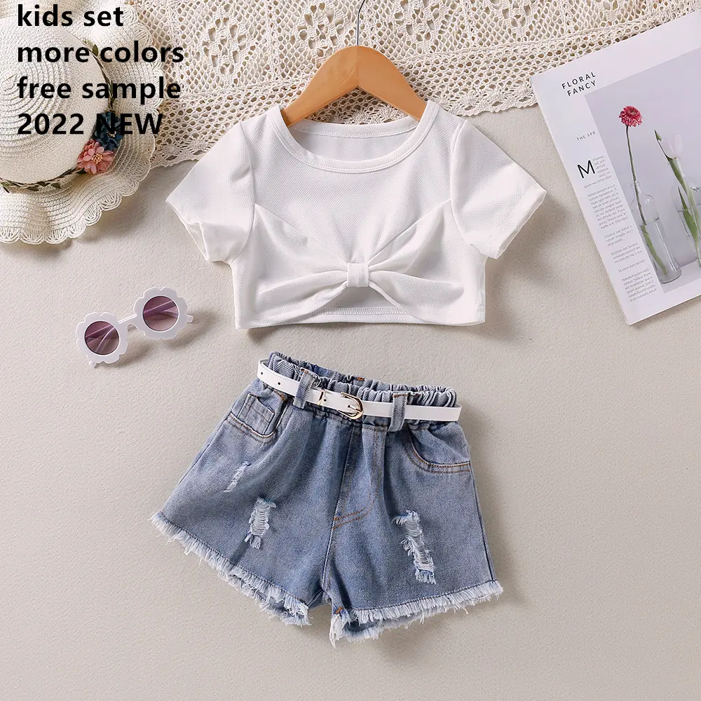 Dropshipping Children 2022 Summer Girls New Products Spring/Summer Short Pure Color T-shirt + Denim Shorts Set
