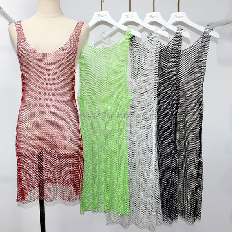 HM025 ดูผ่านชุด Rhinestone มินิสุทธิชุดว่ายน้ําบิกินี่ Sparkly ลําลองตาข่ายปาร์ตี้ Beachwear ชุด