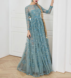 नीले रंग की महिला आकस्मिक पोशाक लंबे समय से गर्दन के चिफॉन फर्श की लंबाई वाली आर्बी औपचारिक गाउन फूलों की मोती - Product Image 5