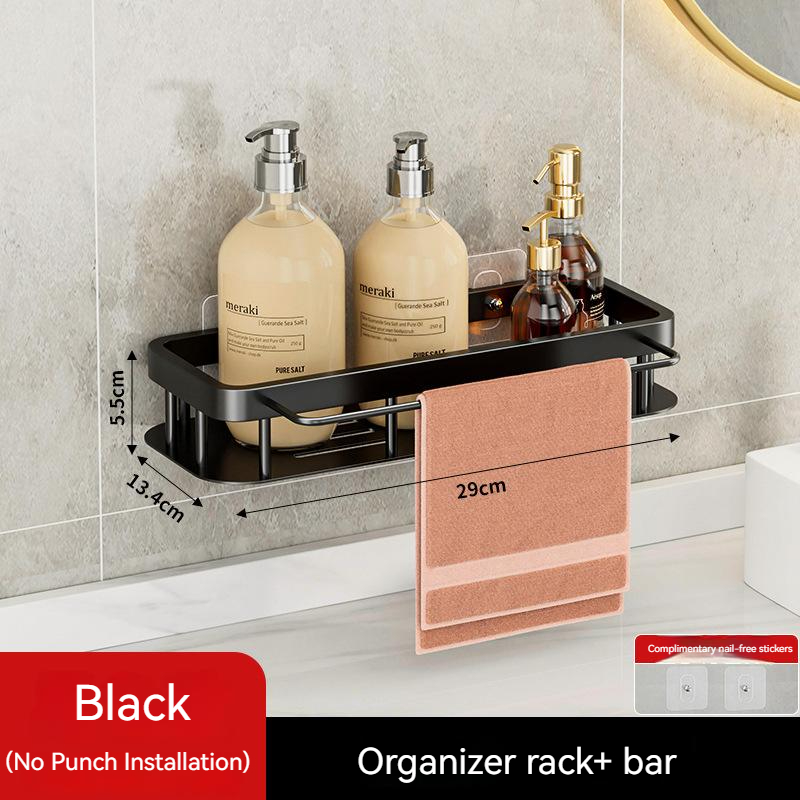 Estante negro con barra de toalla