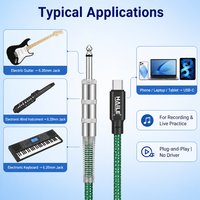 Kabel Perekam Audio 6.5mm ke Type-C, untuk Gitar Elektrik, Instrumen Tiup, Keyboard ke Ponsel Laptop, Panjang Dapat Disesuaikan