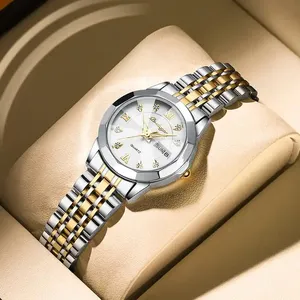 POEDAGAR 3076女士手表防水奢华钻石手表女士周展示腕表不锈钢石英钟