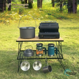 Modern Bamboo Folding <b>Table</b> With Metal Legs And Mesh Shelf For Camping Outdoor Use - Product Image 4
