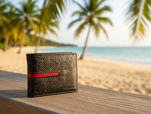 Portafoglio da uomo in vera pelle con motivo a palma e fascia intrecciata, chiusura a piega, formato corto - Product Image 2